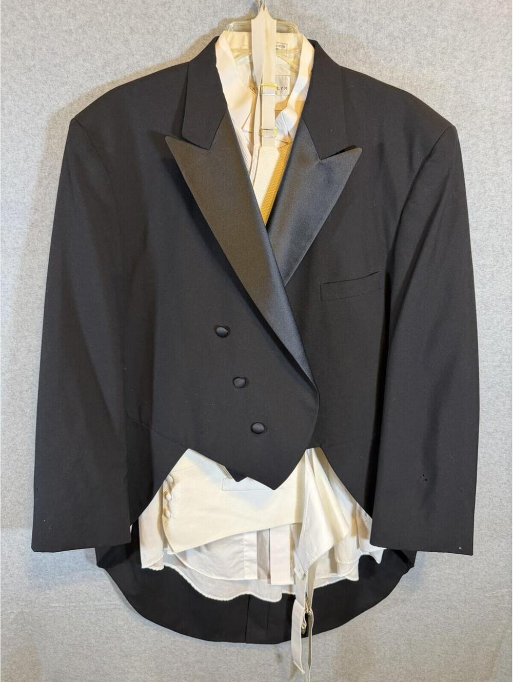 After Six Formal Black Tuxedo Suit Tails Coat, Shirt, & Vest Jacket 58L